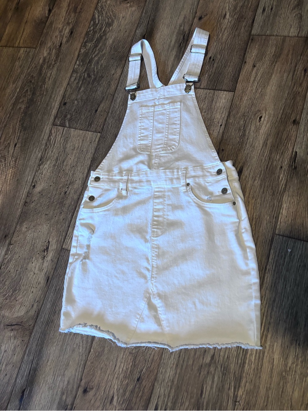 White Denim Overall Mini Dress - Classic Pinafore Style Size Large Stretchy